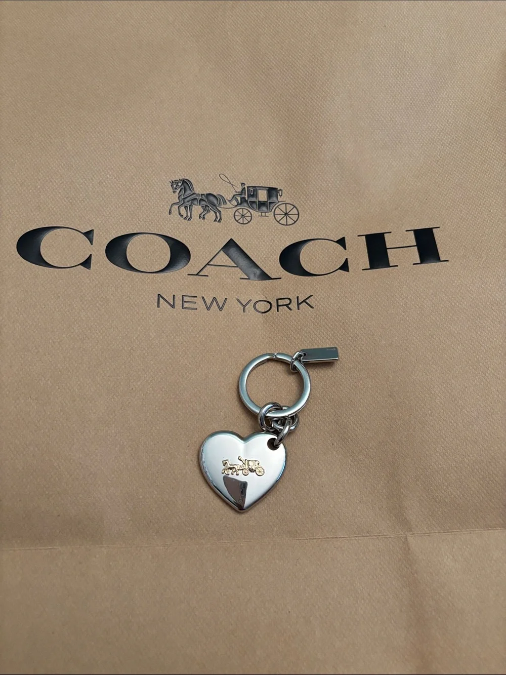 Coach Silver Heart Key Charm with Gold Horse & Carriage Accent